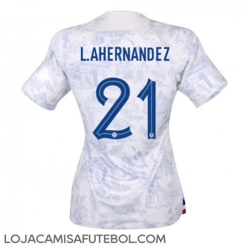Camisa de Futebol França Lucas Hernandez #21 Equipamento Secundário Mulheres Mundo 2022 Manga Curta